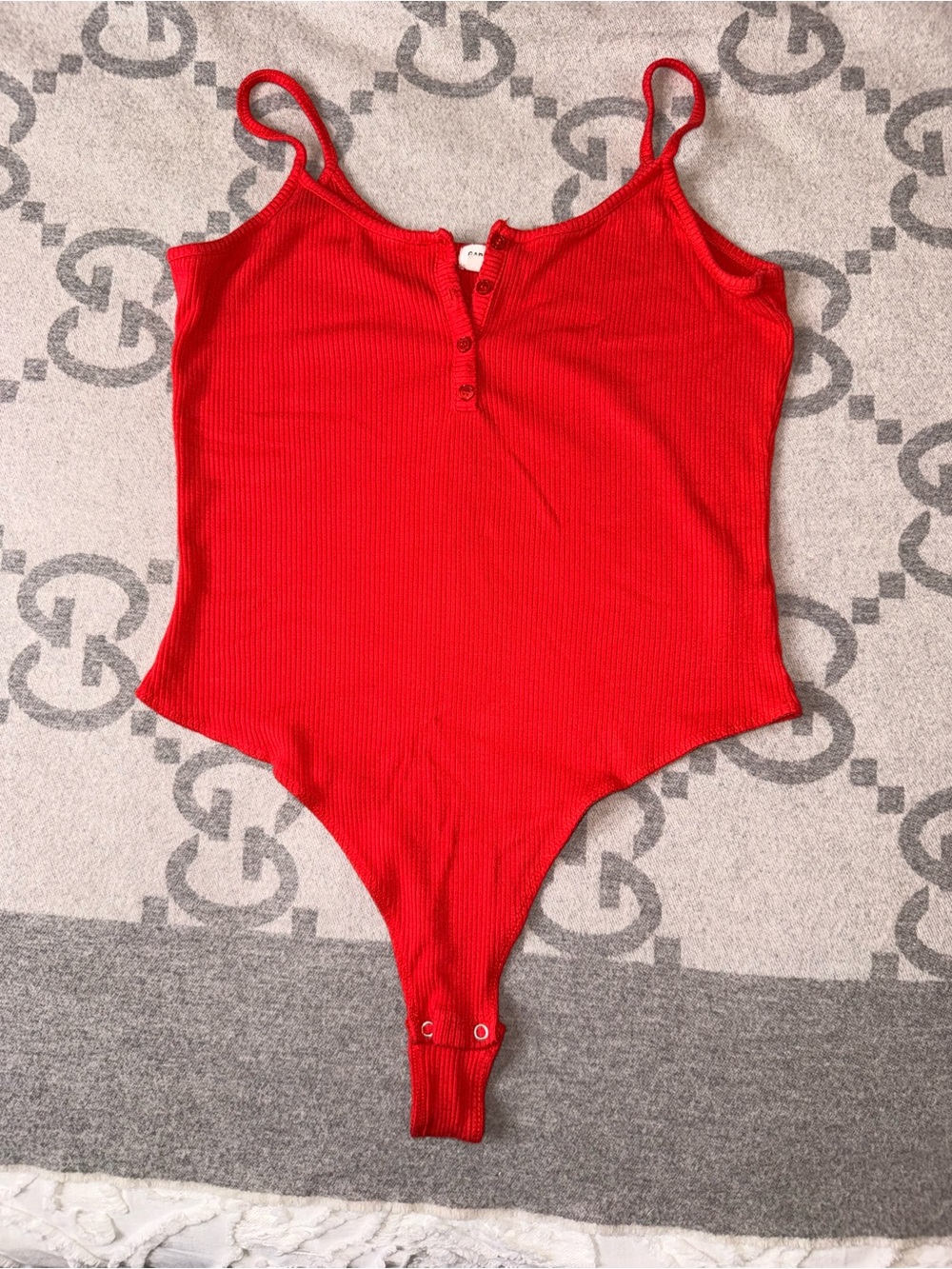 Garage Red Ribbed Button-Front Bodysuit - Picture 2 of 7